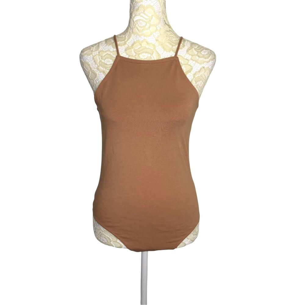 A New Day Bodysuit Top Shirt Blouse High Neck Spaghetti Strap Tan S NWT